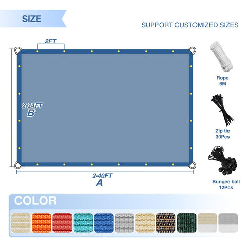 Diagram of 20x40 Sun Shade Sail Straight Edge Rectangle Canopy With D Ring Grommets UV Block showing size, colors, and accessories.