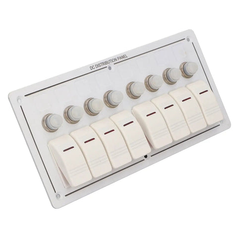 8 Gang Aluminum Alloy Marine Switch Panel With Red LED Indicators And IP65 Waterproof Rating, showing toggle switches and reset