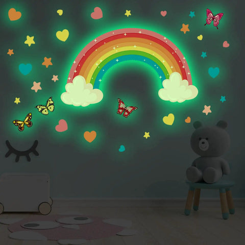 Glow In The Dark Large Rainbow Wall Decals With Stars Hearts And Butterflies Removable Watercolor Vinyl Sticker For Nursery And Teen Bedroom Decor Easy Peel And Reposition Super Cute And Kid Safe glowing on a nursery wall