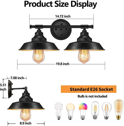 Farmhouse Rustic Two Light Vanity Wall Sconce With E26 Base Matte Black Industrial Bathroom Lighting Fixture size details