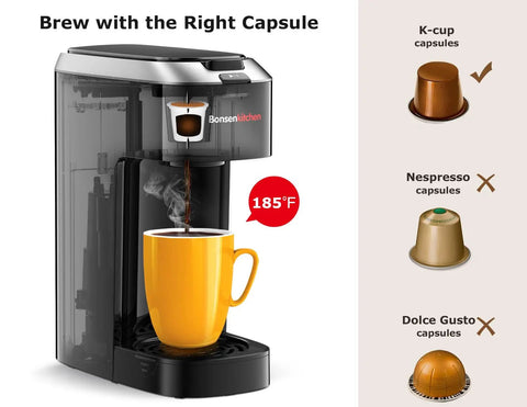 Single Serve K Cup Pod Coffee Maker With Six To Fourteen Oz Brew Size One Touch Fast Three Minute Brew Strength Control BPA Free Materials Fits Six Point Six Inch Travel Mugs Silver Upgrade, brewing coffee into a yellow cup next to a K-cup capsule guide.