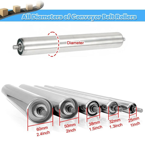 Heavy Duty Galvanized Stainless Steel Conveyor Rollers 3 Pack Industrial Grade Transfer Wheels for Factory Seamless Material Handling Systems 25mm Diameter 800mm Length With Smooth Rolling Action displayed with various sizes.
