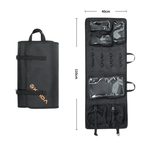 Climbing Quickdraw Hanging Storage Bag Foldable Carry Pouch, waterproof nylon and PVC, shown open and folded, with dimensions.