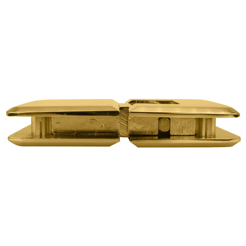 Polished Brass Glass To Glass Hinge With Rounded Corners And Beveled Edges designed for heavy duty shower doors, side view.