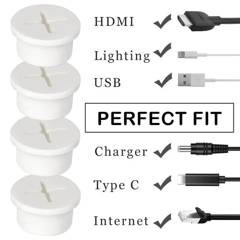 Twelve Pack One Inch White Silicone Cable Grommets For Home Office Desk Heavy Duty Wire Hole Covers shown with various cable types.