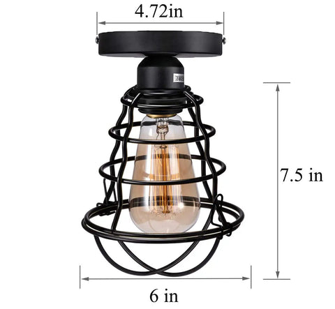 Vintage Industrial Black Metal Cage Ceiling Light Semi Flush Mount Fixture For Hallways Porches Stairways Bedrooms Kitchens E26 Base UL Listed 2 Pack, showing dimensions