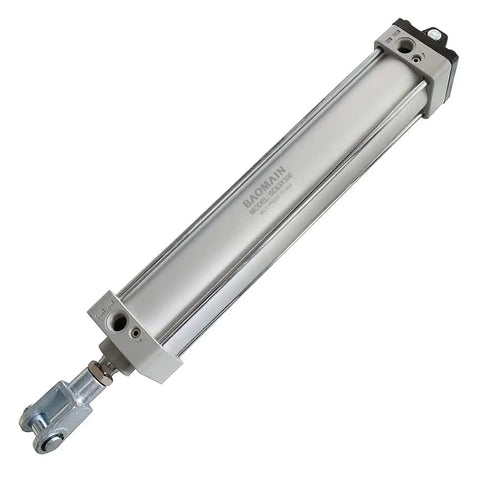 Beefy Pneumatic Air Cylinder with 2-1/2 Inch Bore and 11.81 Inch Stroke, double acting single rod design, close-up view