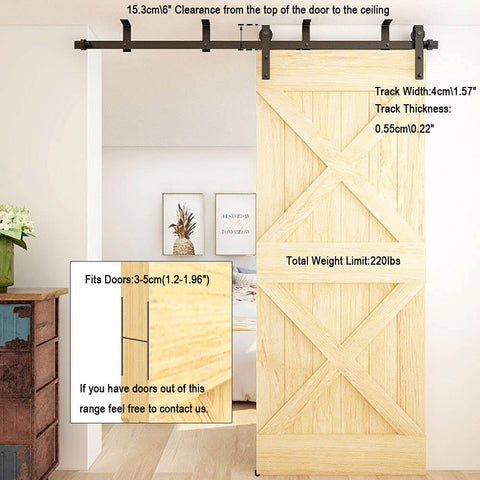 Ceiling Mount Sliding Barn Door Hardware Kit for Closet, 12 Foot Track System Fits 72 Inch Wide Single Wood Door Panel, installed view
