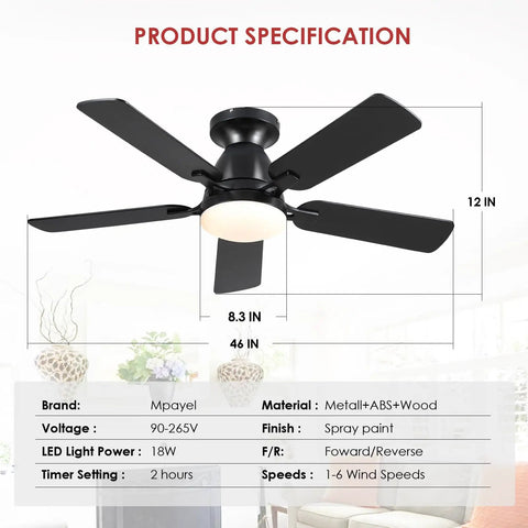 46 Inch Black Ceiling Fan With Lights And Remote, Low Noise Flush Mount Modern Low Profile Ceiling Fan With Dimmable Light And Reversible Blades