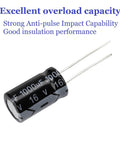 Close-up of a 1000uF 16V aluminum electrolytic capacitor from the Massive 500Pcs Aluminum Electrolytic Capacitor Kit for electronics repairs.