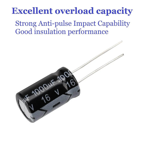 Close-up of a 1000uF 16V aluminum electrolytic capacitor from the Massive 500Pcs Aluminum Electrolytic Capacitor Kit for electronics repairs.