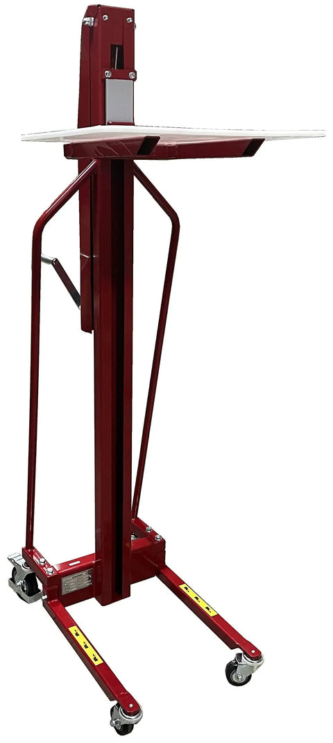 Easy Roll Manual Winch Stacker Work Positioner Lift Truck with heavy duty steel frame and poly casters for 220 lb loads.
