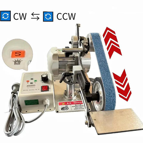 Heavy Duty Belt Grinder Sander 30X1 Inch With VFD Variable Speed Drive And Powerful 550W Brushless Motor with blue belt and control panel.