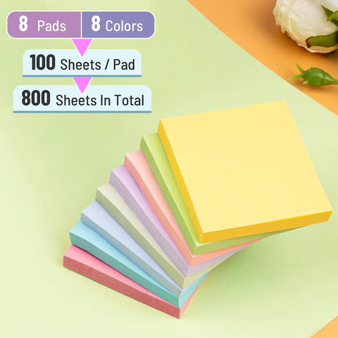 3x3 Inch Sticky Notes Bulk Pack With Eight Color Pads, 800 Sheets Total, arranged in a stack on a colorful background