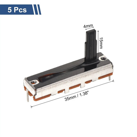 Five Pack Straight Linear Slide Potentiometers 3 Pin B100K 35mm Length 20mm Travel 4x15mm Handle Fader Variable Resistors