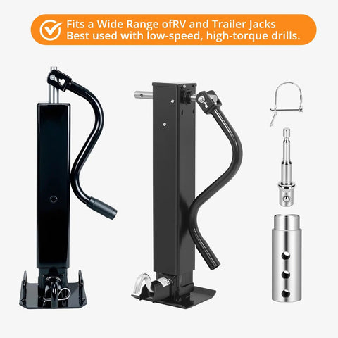 Heavy Duty Trailer Jack Drill Adapter For 1 Inch Drive Shafts With One Half Inch Socket, featuring durable design and connection tools.