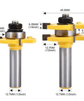 Solid Two Piece Tongue And Groove Router Bit Set With Half Inch Shank and Quarter Inch Cutters, showing dimensions and design.