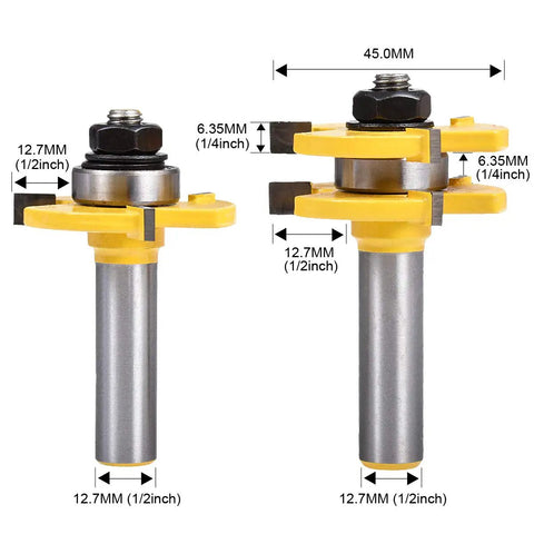 Solid Two Piece Tongue And Groove Router Bit Set With Half Inch Shank and Quarter Inch Cutters, showing dimensions and design.