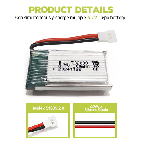 Five Pack 3.7V 300mAh 25C LiPo Drone Batteries With 5 In 1 Charger For Syma X11 X11C V911S details and connectors shown