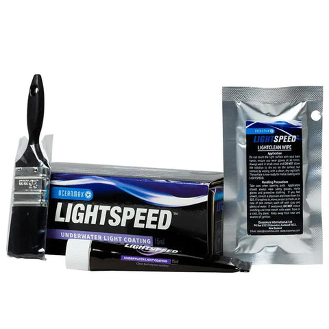 Lightspeed Underwater Light Coating For Marine Illumination with brush, tube, and packaging for corrosion protection and multicolored finish