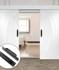 Two Pack Sliding Barn Door Handle Set In Black 7.9 Inch Aluminum Alloy Door Pull installed on white double barn doors