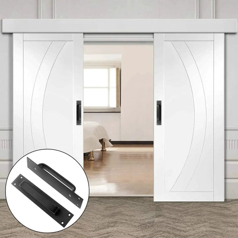 Two Pack Sliding Barn Door Handle Set In Black 7.9 Inch Aluminum Alloy Door Pull installed on white double barn doors