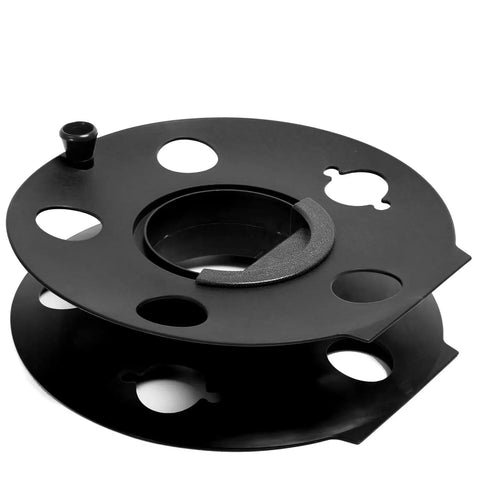 Portable Heavy Duty Cord Storage Reel With Center Rotating Handle for outdoor projects, black plastic, top view.