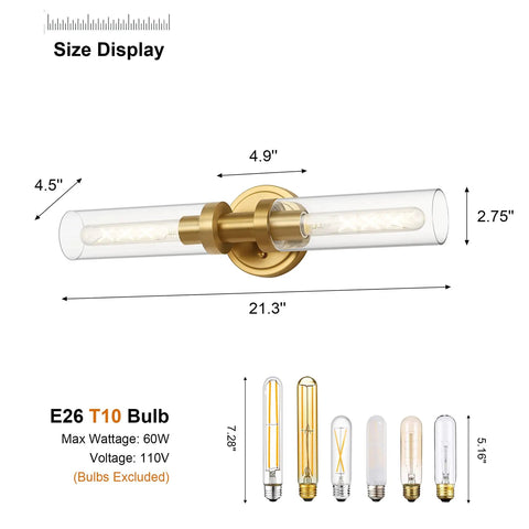 Brushed Gold Bathroom Vanity Light Fixture 2 Light Dope Modern Wall Sconce With Clear Glass Tubes Brass Wall Mount dimensions