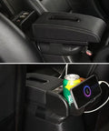 Premium Custom Fit Car Armrest Storage Box For Tesla Cybertruck Center Console Upgrade with smooth gliding panel and cup holder.