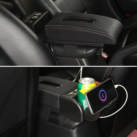 Premium Custom Fit Car Armrest Storage Box For Tesla Cybertruck Center Console Upgrade with smooth gliding panel and cup holder.