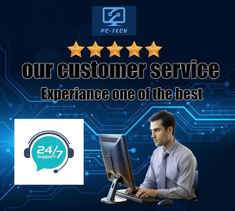 PC customer service image with tech support representative at computer and 24/7 support icon.