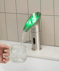 LED Waterfall Touchless Bathroom Faucet With Motion Sensor, Colorful Lighted Water Stream, Nickel Finish, in use