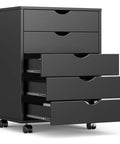 Mobile File Cabinet With Wheels For Under Desk Storage And Printer Stand, Black Wood Finish, 5 Drawer Vertical Filing Chest On Casters