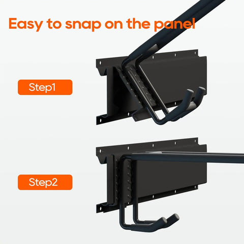Installation process showing how to attach tools to Wall Mount Garage Storage And Garden Tool Organizer With 350 Pound Capacity.