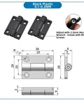 Diagram of black plastic hinge with dimensions, showing 2 Pack No Slam Soft Close Damped Rotary Hinge With Tunable Torque And Full Range Stop