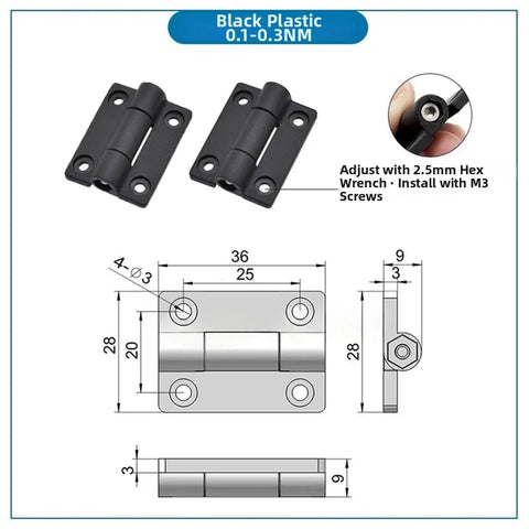 Diagram of black plastic hinge with dimensions, showing 2 Pack No Slam Soft Close Damped Rotary Hinge With Tunable Torque And Full Range Stop
