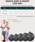 Sizing guide for Badass Anti Slip Yoga Ball With Included Quick Pump, featuring sizes for different heights and desk heights.