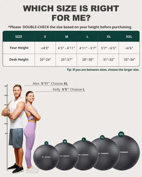Sizing guide for Badass Anti Slip Yoga Ball With Included Quick Pump, featuring sizes for different heights and desk heights.