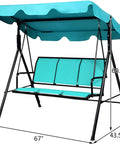 Three Seat Patio Swing With Steel Frame And Adjustable Canopy, All Weather Resistant Rocking Bench For Cozy Patio, Garden, Poolside Or Balcony, Turquoise Finish, side view with dimensions