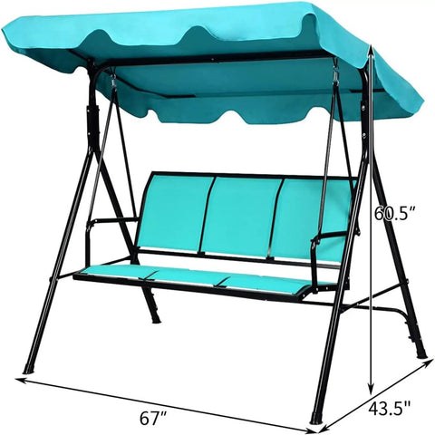 Three Seat Patio Swing With Steel Frame And Adjustable Canopy, All Weather Resistant Rocking Bench For Cozy Patio, Garden, Poolside Or Balcony, Turquoise Finish, side view with dimensions