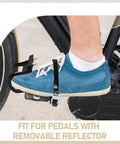 Close-up of blue sneaker in pedal with 2 Pack Toe Clip Pedals With Straps For Road And Commuter Bikes, side view on bicycle.