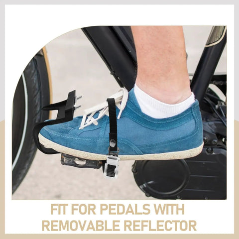 Close-up of blue sneaker in pedal with 2 Pack Toe Clip Pedals With Straps For Road And Commuter Bikes, side view on bicycle.
