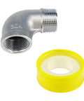 2 Pack Stainless Steel 304 90 Degree Elbow Fittings, 3/4 NPT Threaded, NPT-NPT Connection, shown with yellow tape
