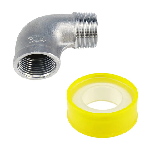 2 Pack Stainless Steel 304 90 Degree Elbow Fittings, 3/4 NPT Threaded, NPT-NPT Connection, shown with yellow tape