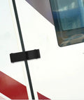 Close-up of Two Pack Multifunctional Portable Draw Latch Cabinet Hardware With Stainless Steel And Black Plastic on a door