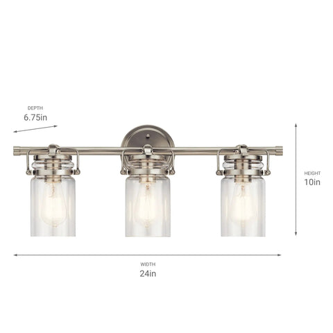 Brinley 24-Inch Three-Light Vanity Light In Brushed Nickel With Clear Glass Farmhouse Chic Bathroom Fixture Sits Above Mirror
