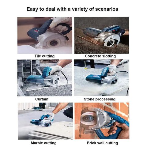 Heavy Duty 1400W Electric Circular Saw For Stone Tile Concrete And Wood, Adjustable Depth Up To 35Mm, Professional Power Tool performing tile cutting.