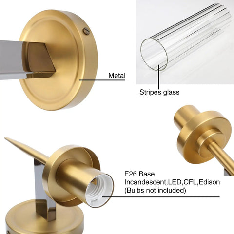 Vintage Brass Gold Wall Sconce Light Fixture With 2.8 Inch Cylindrical Clear Glass Shade For Living Room Home Office And Entryway, E26 Base Compatible, Dimmable With Dimmer Or Remote