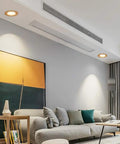 Image of living room featuring JUDYSSY 11Pack Wood Color Round Recessed Downlight lighting over a sofa, showcasing its elegant design.