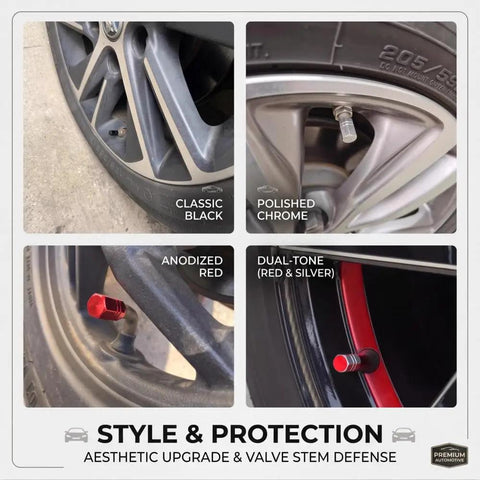 4 Piece Heavy Duty Aluminum Tire Valve Stem Caps For Tesla Cybertruck 2024 To 2026, anodized red valve cap on wheel.